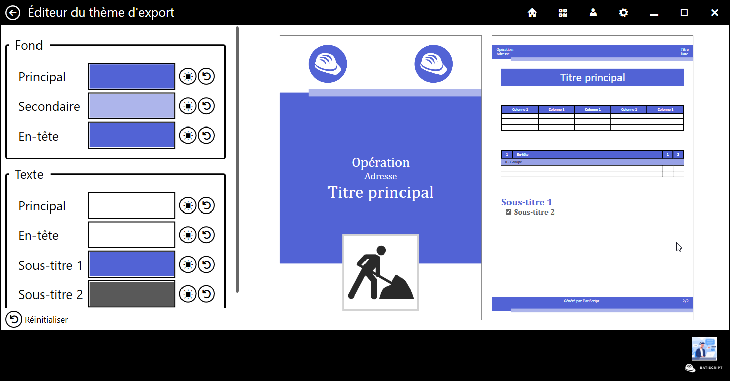 Ecran de personalisation des couleurs d'export